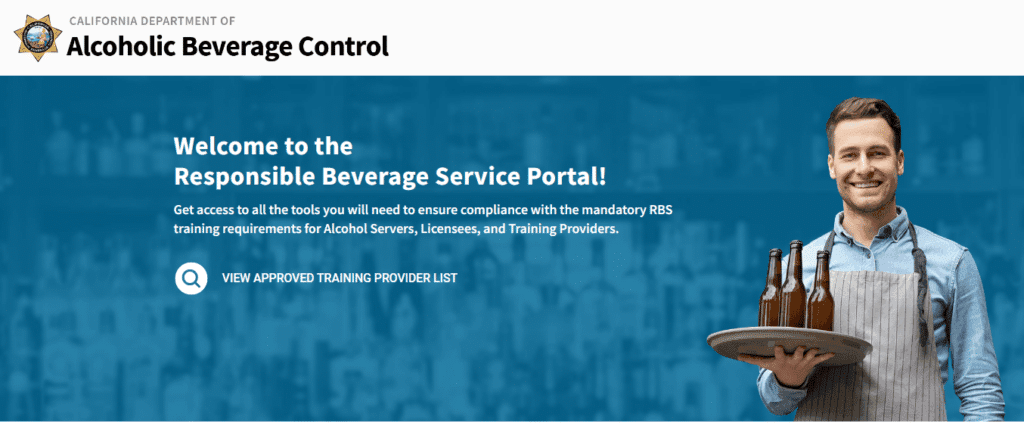 加州酒類管制局「Responsible Beverage Service Portal」網頁橫幅，畫面是端著酒瓶托盤的服務生