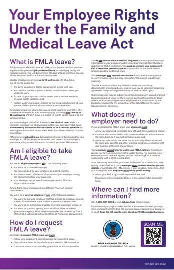 美國勞工部「Your Employee Rights Under the Family and Medical Leave Act」（家庭與醫療假法）海報