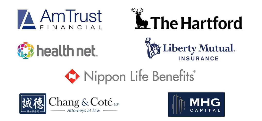 官方合作企业单位：AmTrust Financial、The Hartford、Health Net、Liberty Mutual Insurance、Nippon Life Benefits、诚德 Chang & Coté LLP、MHG Capital