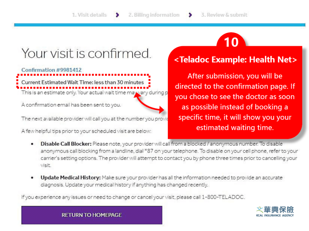 Confirmation and estimated waiting time on Teladoc