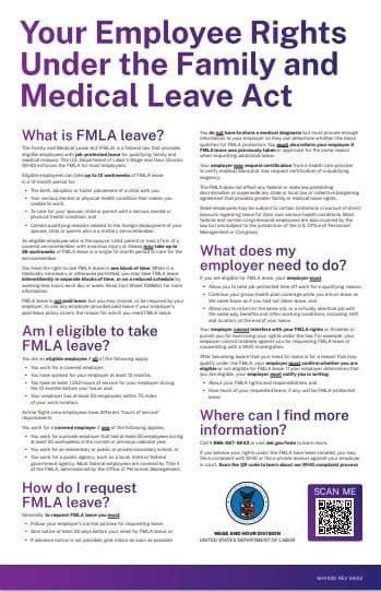 美国劳工部“Your Employee Rights Under the Family and Medical Leave Act”（家庭与医疗假法）海报