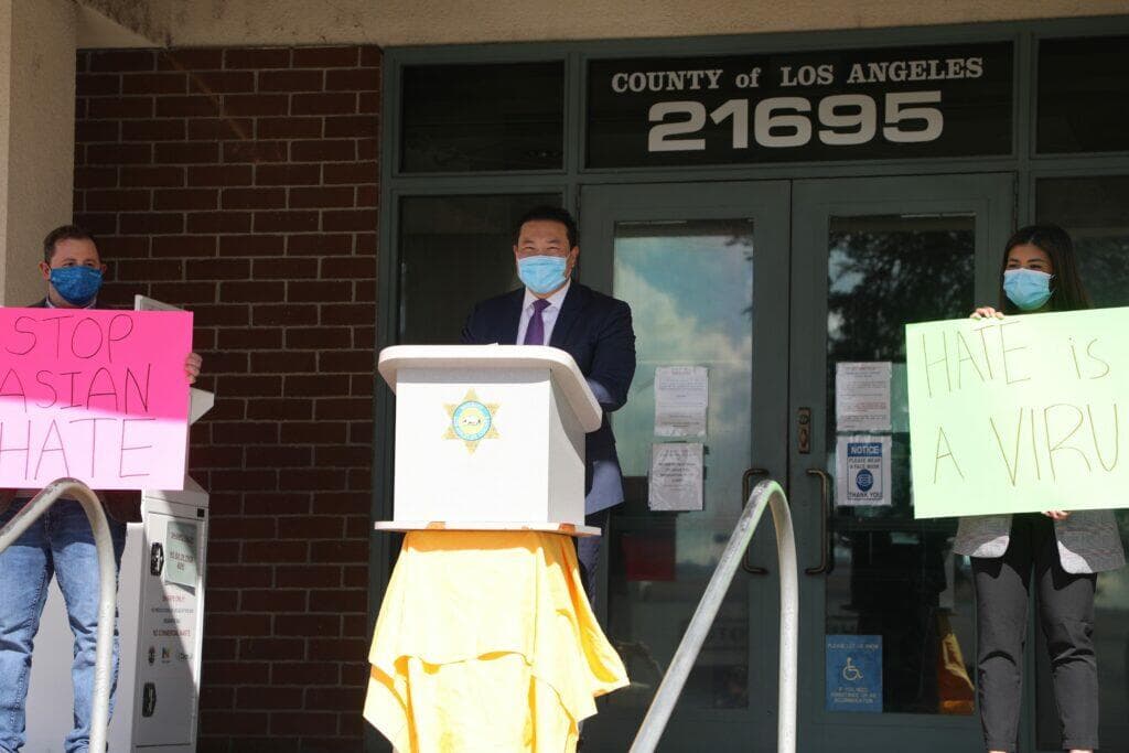 California Assemblymember Phillip Chen speaks at the press conference against anti-Asian hate