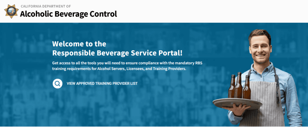 加州酒类管制局「Responsible Beverage Service Portal」网页横幅，画面是端着酒瓶托盘的服务生