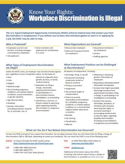 美国平等就业机会委员会（EEOC）“Know Your Rights: Workplace Discrimination is Illegal”海报