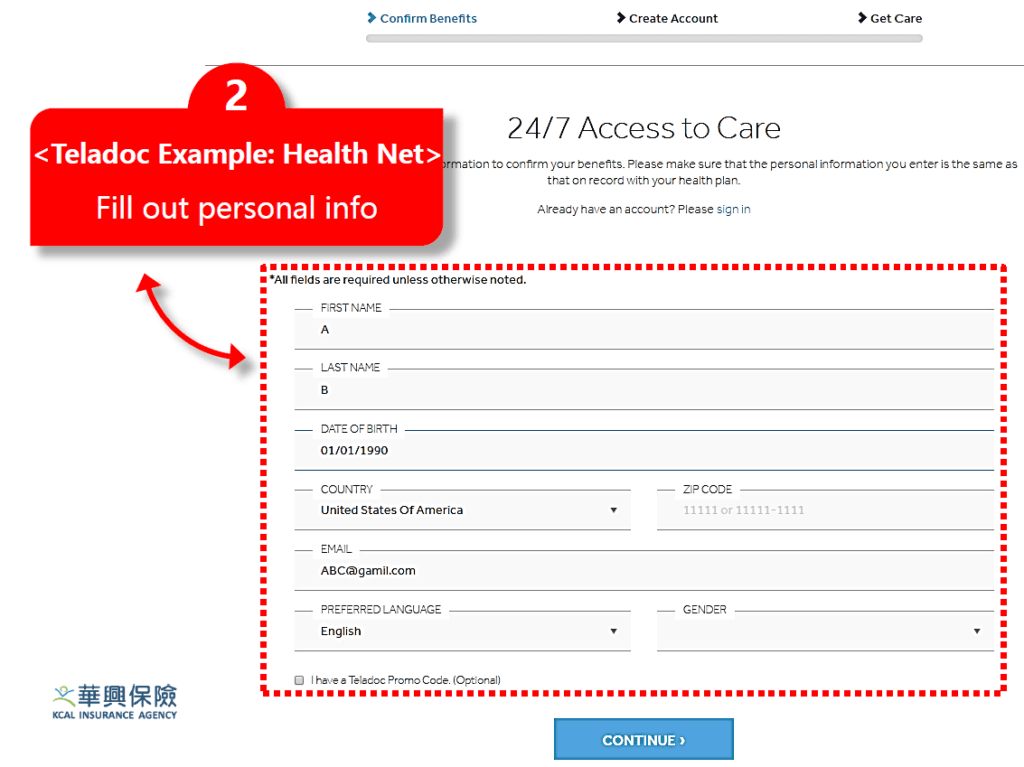 Fill out personal info on Teladoc