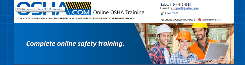 OSHA.com在线OSHA培训横幅“Complete online safety training”，三位戴安全帽的工人围看笔记本电脑