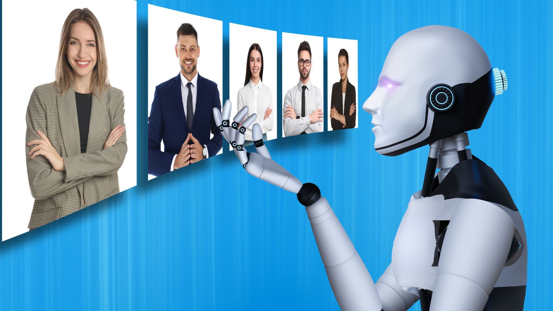 AI 機器人查看多位商務人士人像，人工智慧人力甄選、招聘概念圖