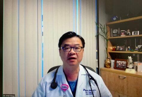 Kaiser醫生Victor Cheng在加州全保與華興保險線上新聞發佈會上發言