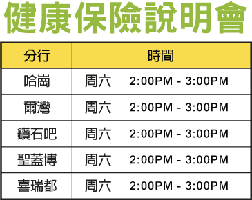 华兴保险健康保险说明会时间表：哈岗、尔湾、钻石吧、圣盖博、喜瑞都分行，周六下午2时至3时