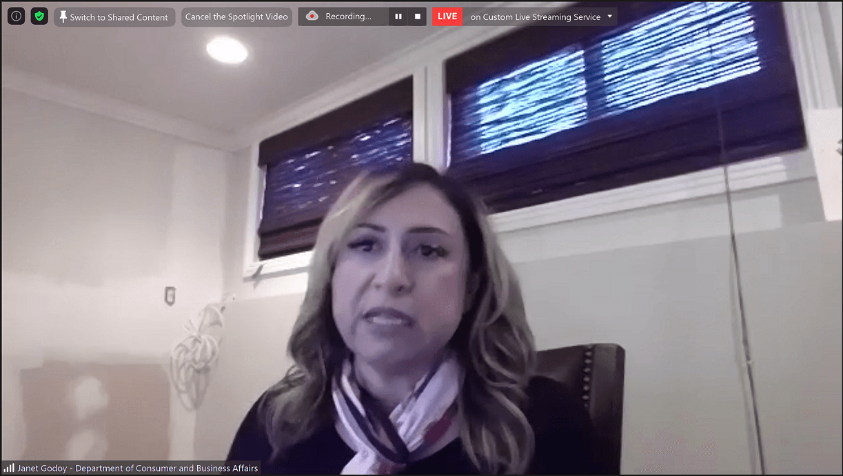 Janet Godoy, Supervising Investigator of the LA County Department of Consumer and Business Affairs, speaks at KCAL's tax security webinar