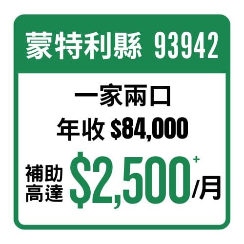 蒙特利縣 93942 一家兩口 年收$84,000 補助高達$2,500+/月