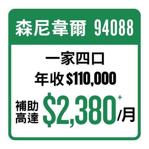 森尼韋爾 94088 一家四口 年收$110,000 補助高達$2,380+/月