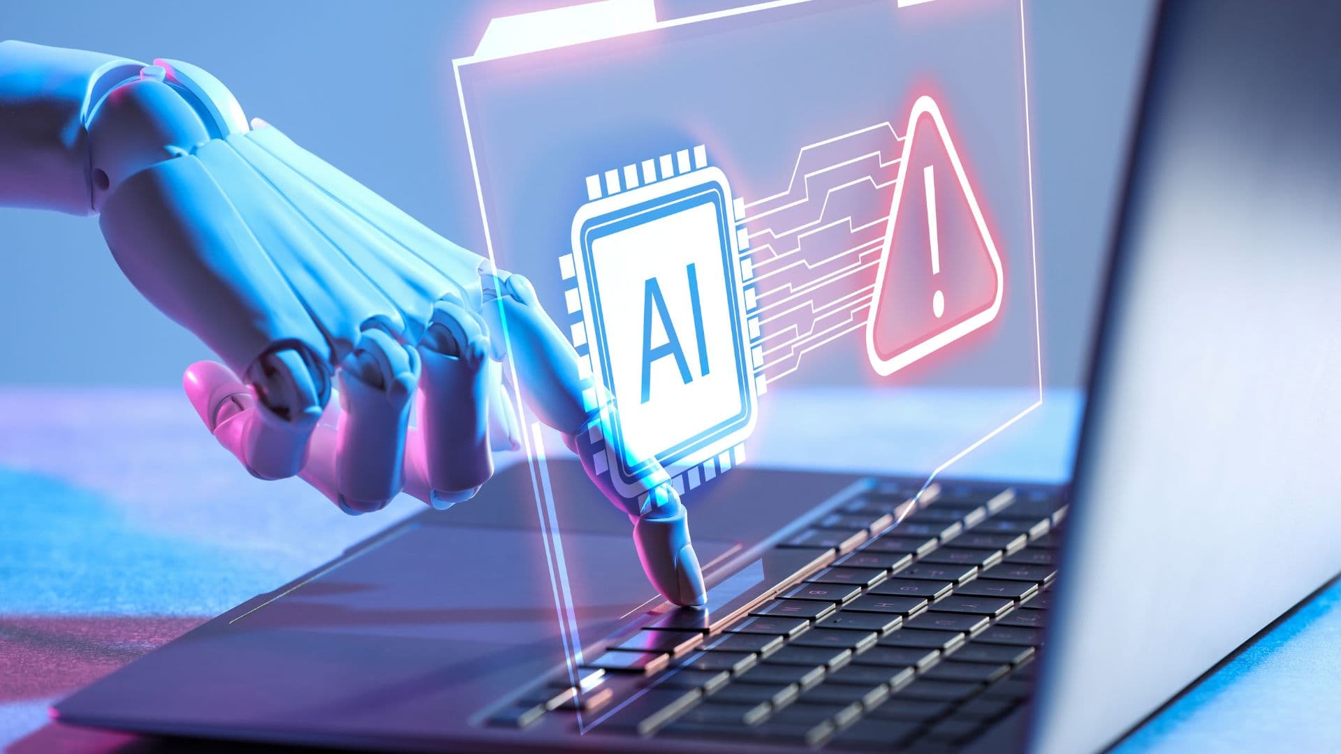 AI related topic illustration, robotic arm and laptop computer
