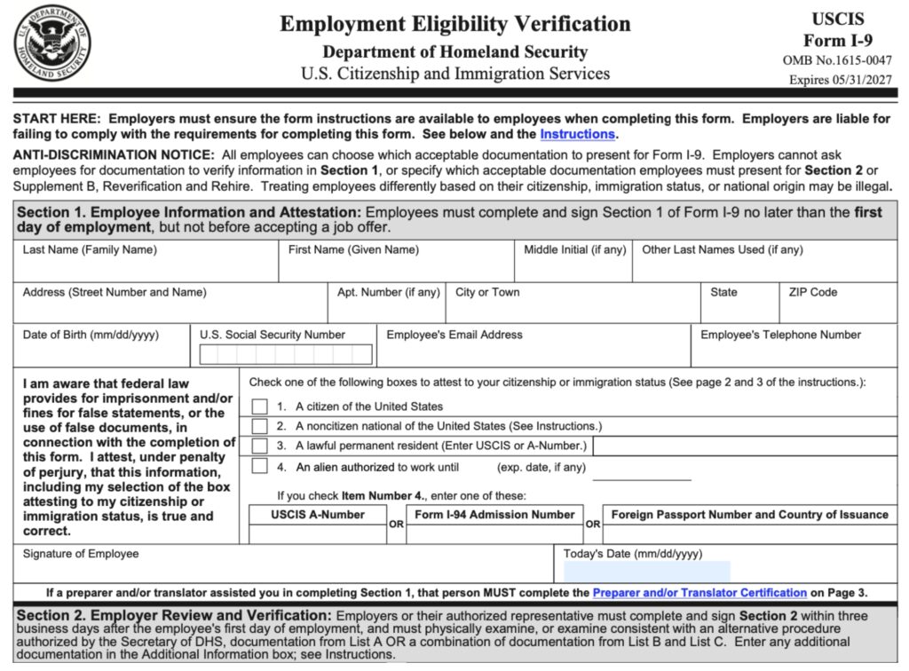 I-9 form example